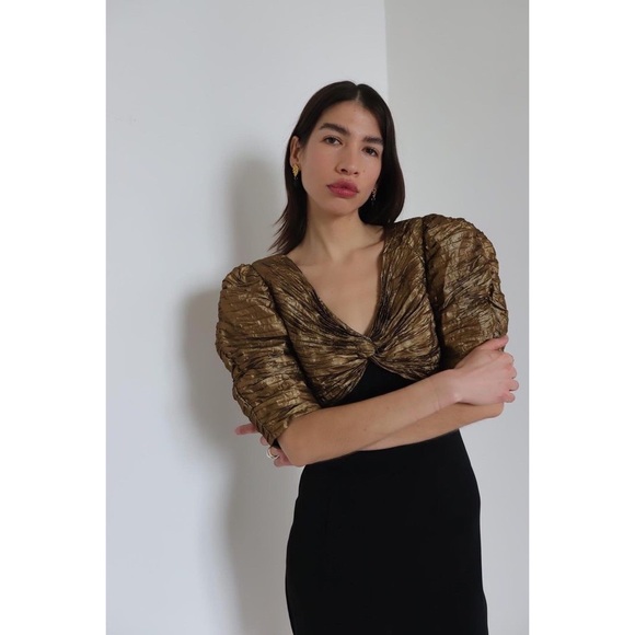 Vintage Gold & Black Plisse Puff Sleeve Dress - Picture 2 of 7